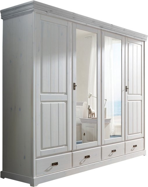 Kleiderschrank Skagen aus massiver Kiefer in Weiß mit 4 Türen und Glaselementen - Bild 1