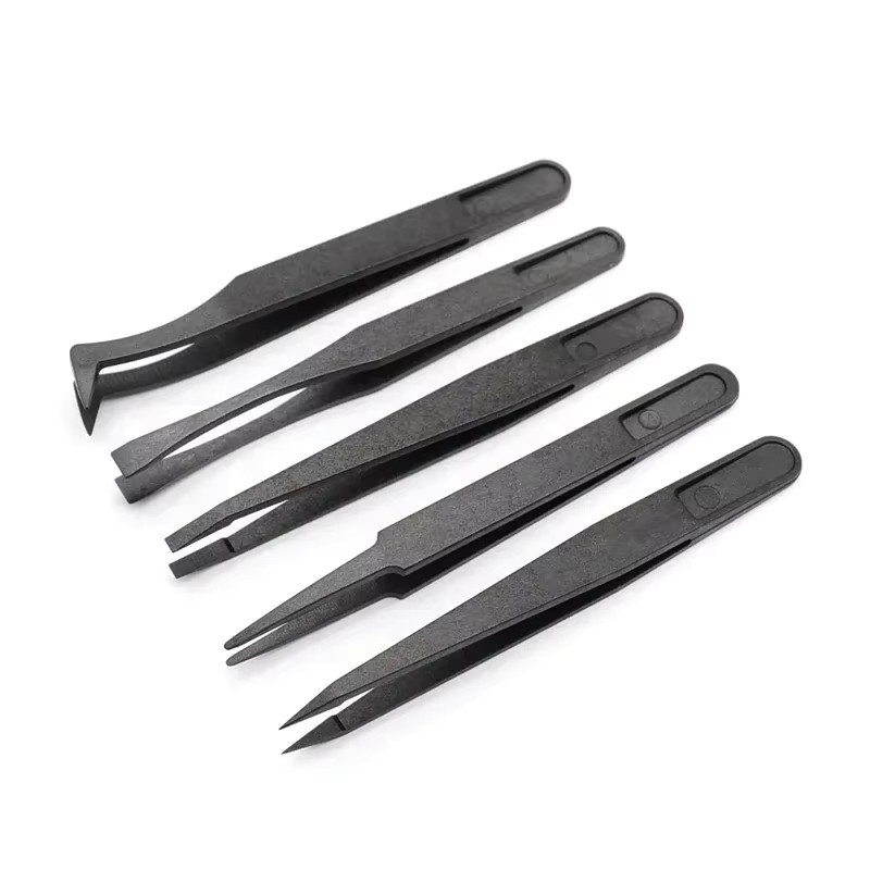 CAOWTAN 5-teiliges Set antistatische Kunststoff-Pinzetten in Schwarz, hitzebeständiges Reparaturwerkzeug mit geraden und gebogenen Spitzen - Bild 1