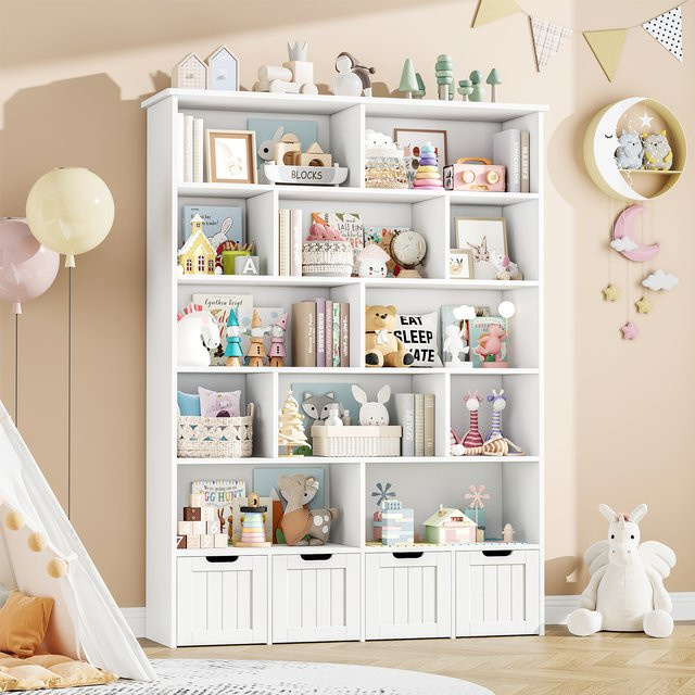 Getone Kinderregal für das Kinderzimmer mit 13 Regalen und 4 Rollschubladen, Spielzeugtruhe und Bücherregal in Pink und Weiß, B/T/H: 125,5 x 33 x 175 cm - Bild 1