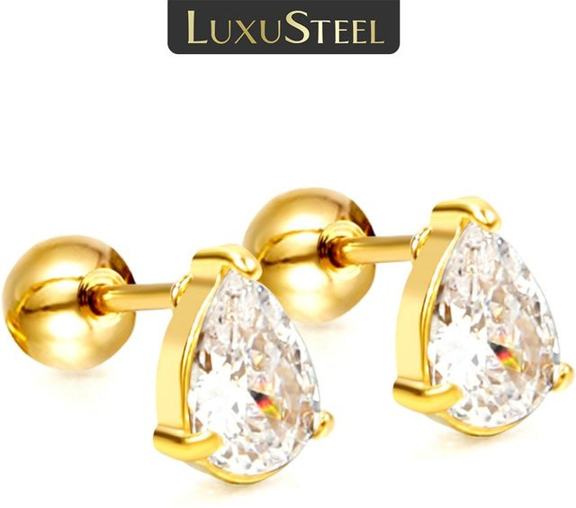 LUXUSTEEL Ohrringe, Stahlkugel, Wassertropfenform, weißer Zirkonia, Damen - Bild 1
