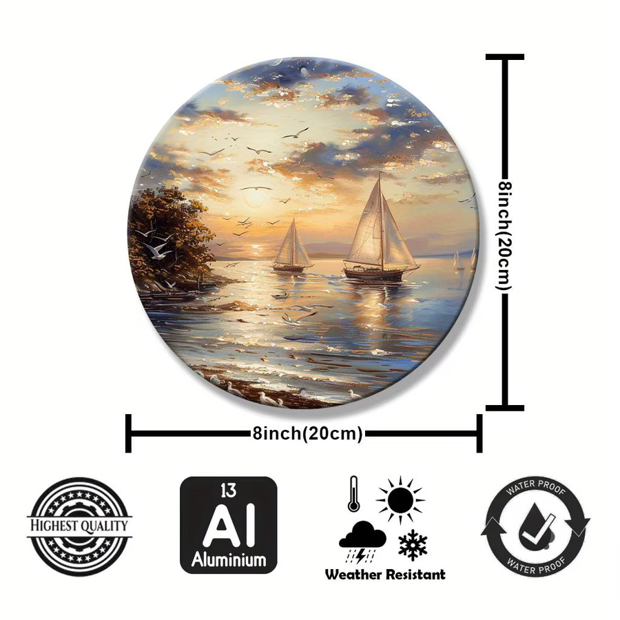 Rundes Wandkunstschild aus Metall von Potdemiel Serene Seascape Sunset Bay mit Segelbooten und Vögeln in Mehrfarben - Bild 3