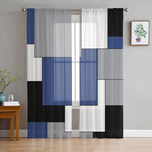 Yiran Furniture Transparente Tüll Vorhänge mit Patchwork Abstrakter Kunst in Türkis Schwarz Grau, Breite: 135 cm, Höhe: 115 cm - Bild 1
