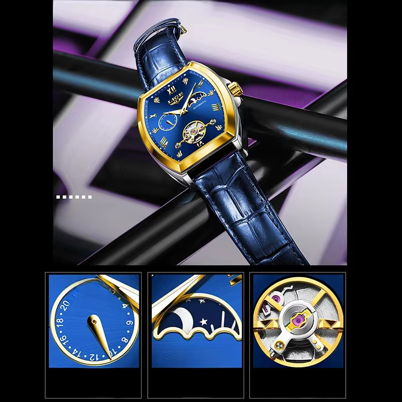 LIGE Armbanduhr Automatik, Tonneau, Gold, Leder, Herren - Bild 7
