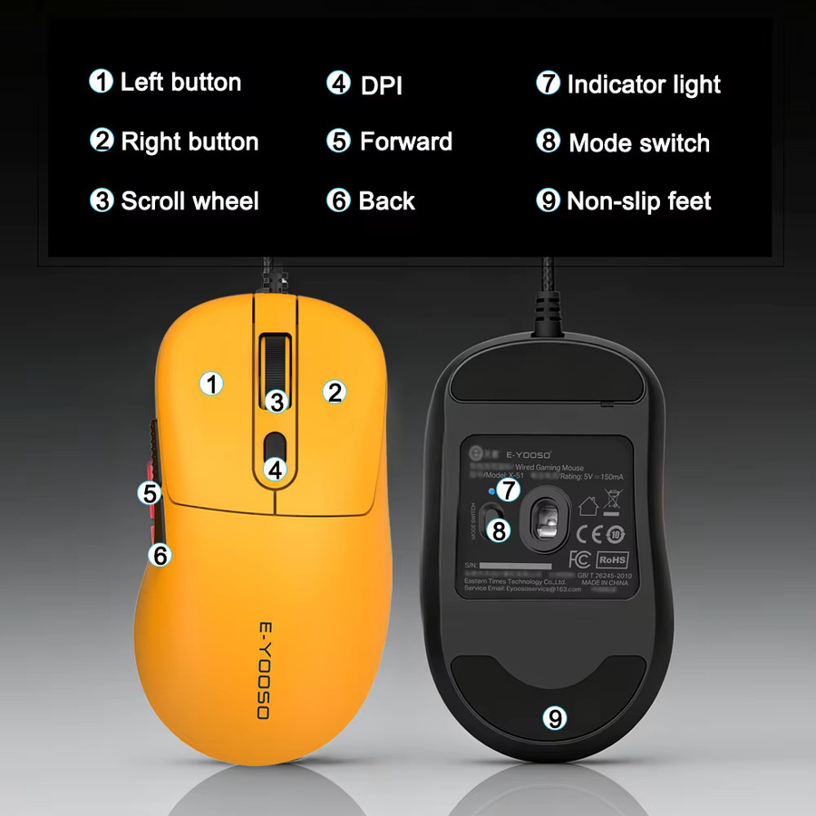 E-YOOSO X-51 USB-Gaming-Maus mit Kabel, 24000 DPI, 6 Tasten, programmierbare optische Gaming-Maus in Schwarz für PC und Laptop - Bild 4
