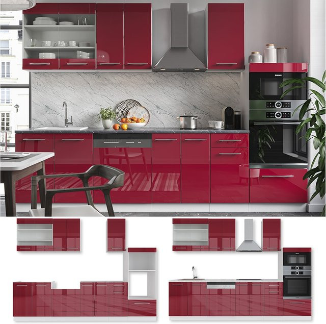 Vicco Küchenzeile Fame-Line Einbauküche mit Hochglanz Fronten in Rot und Weiß, Breite: 240 cm - Bild 1