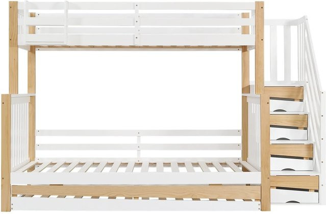 KOMHTOM Etagenbett für Kinder mit Ecktreppe und Fallschutz, Kiefer und MDF, Weiß und Natur, B/T/H: 254 x 120 x 216,5 cm und 254 x 90 x 216,5 cm - Bild 1