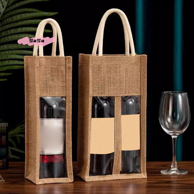 Geschenkbox für Wein und Champagner mit Fenster und Griff aus Jute und Papier in Braun - Bild 1