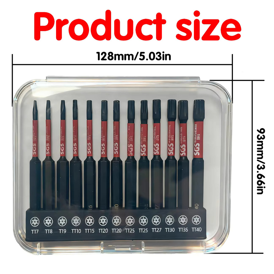 SGS 13-teiliges Sicherheits-Torx-Schraubendreher-Bit-Set aus S2-Stahl, TT7-TT40 Manipulationssichere Sternbits mit 1/4 Zoll Sechskantschaft und Aufbewahrungsbox, Länge: 75 mm - Bild 2