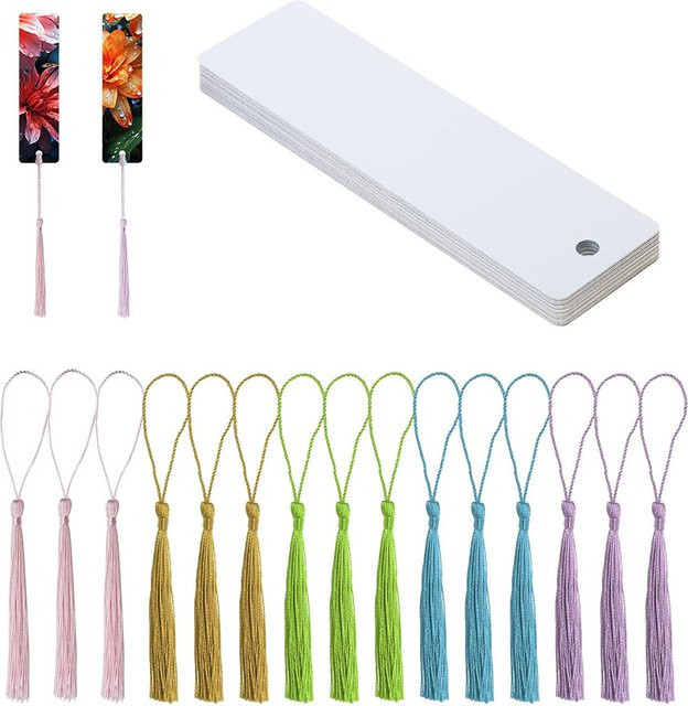 15 Sets doppelseitige Metall-Lesezeichen zum Sublimieren mit bunten Quasten für DIY-Projekte, B/H: 3,2 x 12 cm, Multicolor - Bild 1