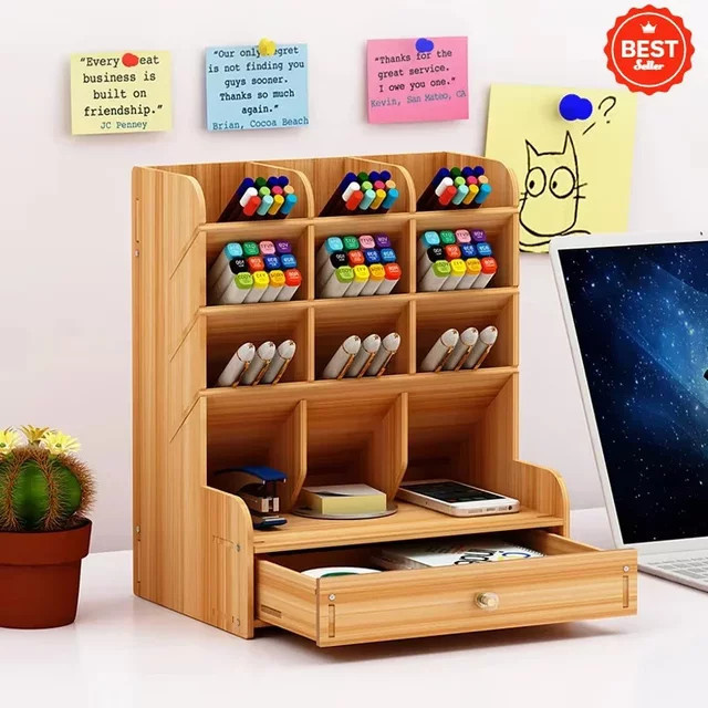 Multifunktionaler Schreibtisch Organizer aus Holz in Braun mit mehreren Fächern für Home Office und Schule - Bild 1
