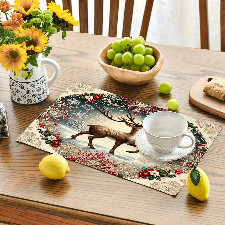 VIKAMA 4 Stück Weihnachts-Tischsets mit Rentier-Schneeflocken, wasserdicht und wärmeisolierend, Mehrfarbig, B/T: 45 x 30 cm - Bild 4