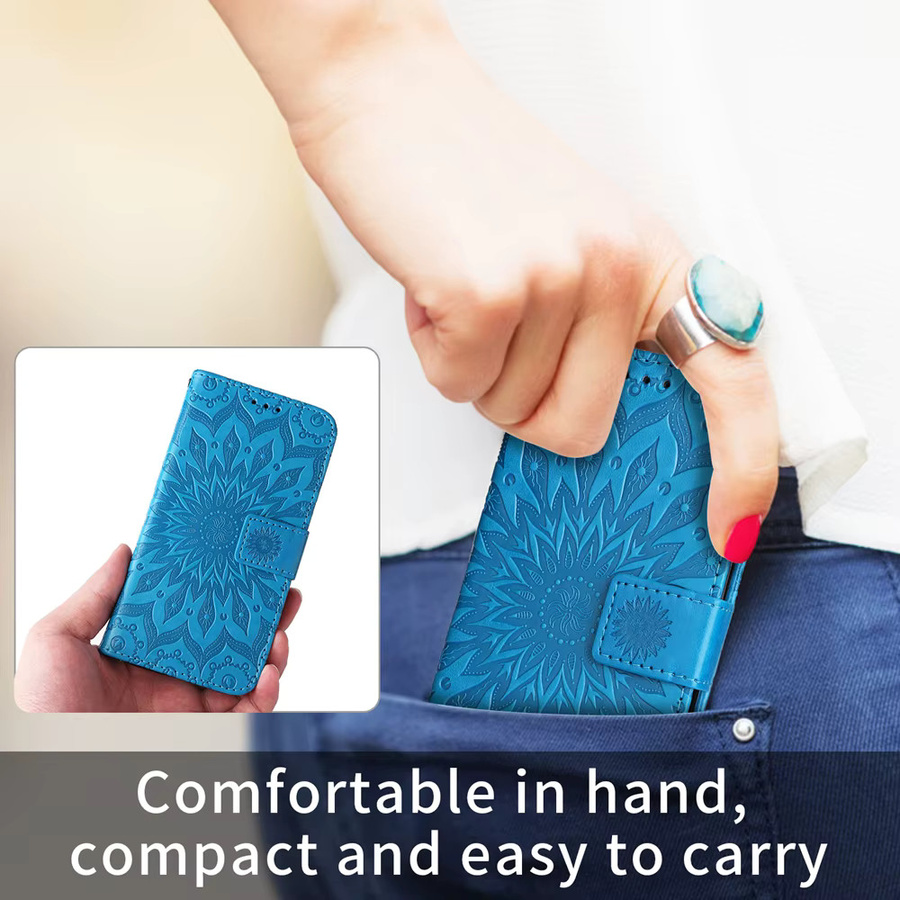 Sonnenblumen Leder-Wallet Schutzhülle für Motorola Moto Edge Serie in Blau mit Magnetverschluss und Kartenfächern - Bild 5
