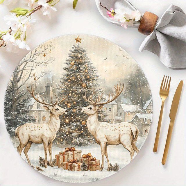 VIKAMA 4er Set Weihnachts-Platzsets mit Schnee-Hirsch und Weihnachtsbaum für Tischdekoration - Bild 1