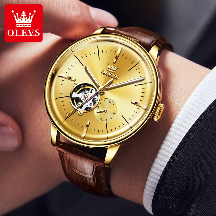OLEVS Armbanduhr Automatik, Leder, Gold, Herren - Bild 2