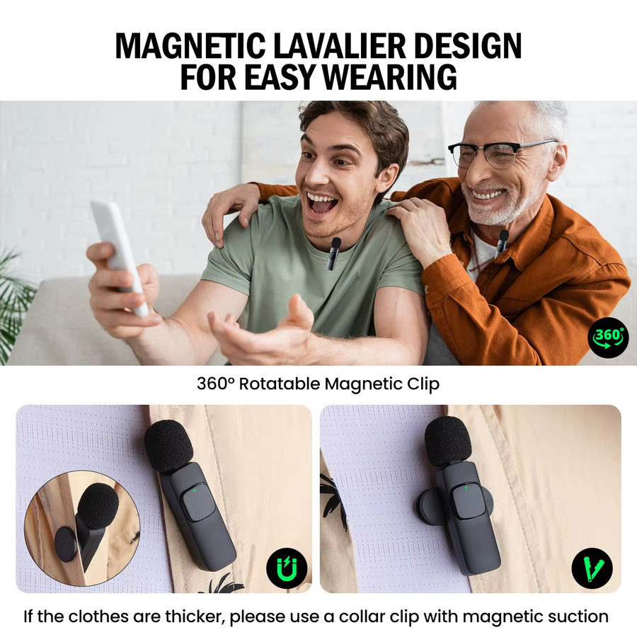 Basix Kabelloses Lavalier-Mikrofon 2,4G Mini Tragbares Audio-Video-Aufnahmemikrofon für iPhone und Android in Schwarz mit Bluetooth und USB-C - Bild 4