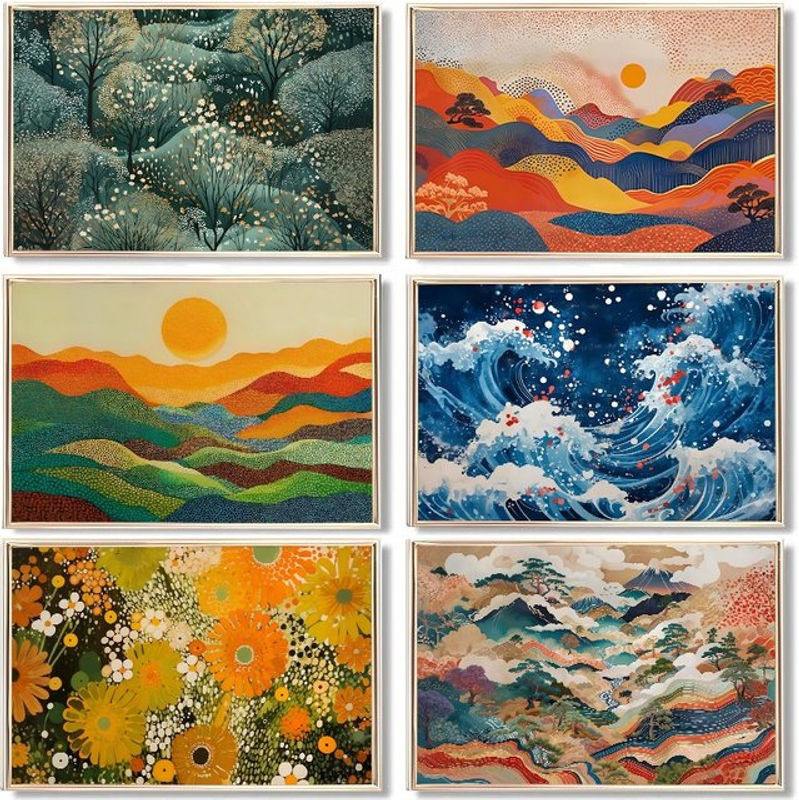 Abstraktes Leinwandgemälde Yayoi Kusama mit japanischer Naturlandschaft in Mehrfarbig, Modernes Wandbild im Querformat für dein Wohnzimmer - Bild 1