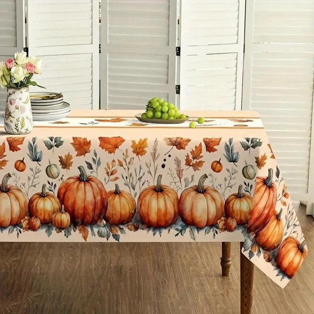 JINGYUE Pet Herbsttischdecke mit Vogelscheuche, Kürbis und Herbstlaub Design in Orange, rechteckig, B/T: 145 x 180 cm - Bild 1