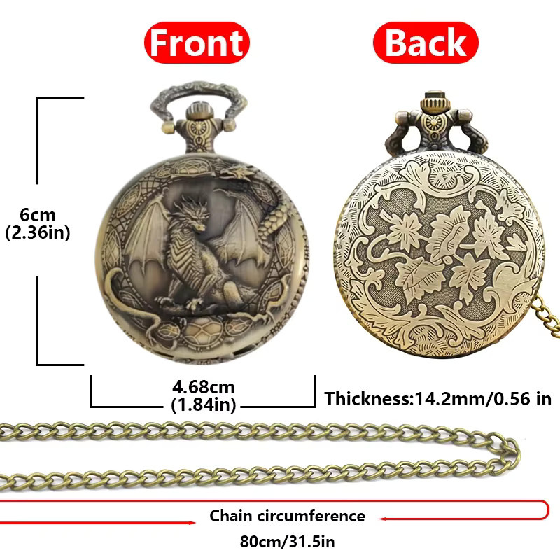 wecin Quarz-Taschenuhr, Drachenschnitzerei, Messing, Silber, Unisex - Bild 4