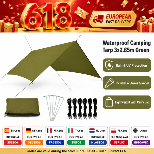 Wasserdichte Outdoor-Plane in Grün aus 180T Polyester mit PA-Beschichtung für Camping und Sonnenschutz, B/T/H: 300 x 285 cm, inklusive 6 Heringe und 6 Seile - Bild 1