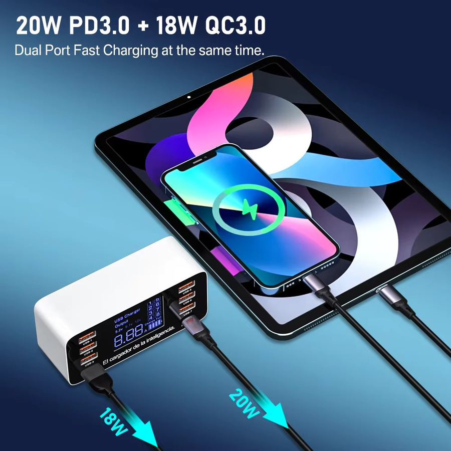 ASOMETECH 8 Ports USB Ladegerät mit QC3.0 und 20W PD Schnellladung, USB-C Adapter in Weiß für iPhone, Samsung, Xiaomi und Huawei - Bild 1