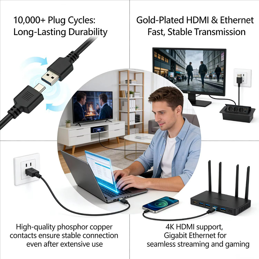 FUNAYA Universelle Pop-Up-Steckdose in Schwarz mit USB-A, USB-C, Ethernet/LAN und HDMI Anschlüssen, 13A 3500W Desktop-Büro-Steckdose - Bild 1