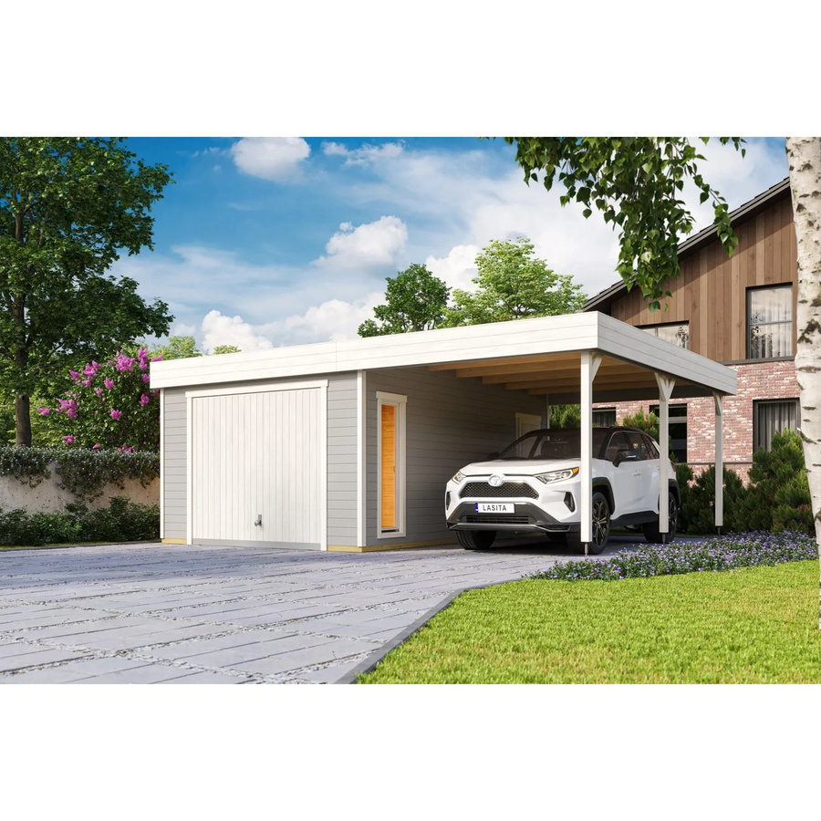 Blockgarage Lasita Maja Bahamas aus Holz in Lichtgrau mit Schwingtor und Stufendach, B/T: 820 x 560 cm - Bild 3