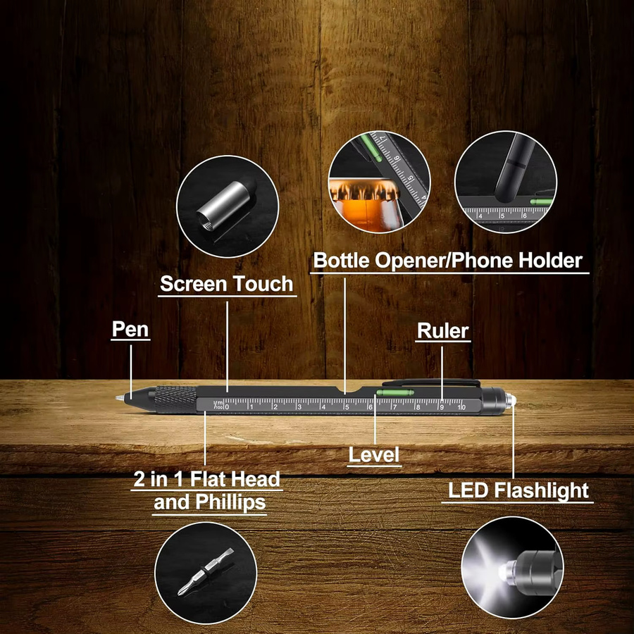 K-SKIN 9-in-1 Multifunktions-Stift-Set aus Metall in Schwarz mit Lineal, Wasserwaage und Kugelschreiber - Bild 2