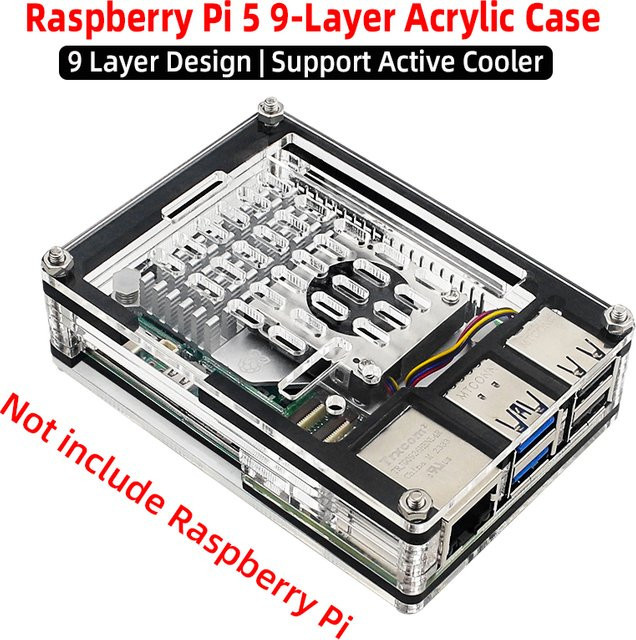 SHCHV Acrylgehäuse für Raspberry Pi 5 mit aktivem Kühler, Lüfter und Aluminium-Kühlkörper, transparent - Bild 1
