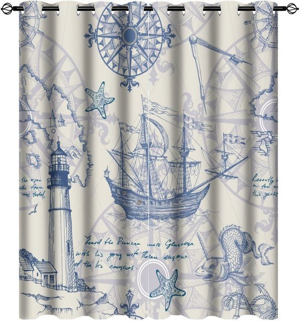 Yiran Furniture Vorhänge im 2er Set mit nautischem Anker-Design, blau, halbtransparent, B: 55 cm, H: 120 cm - Bild 1
