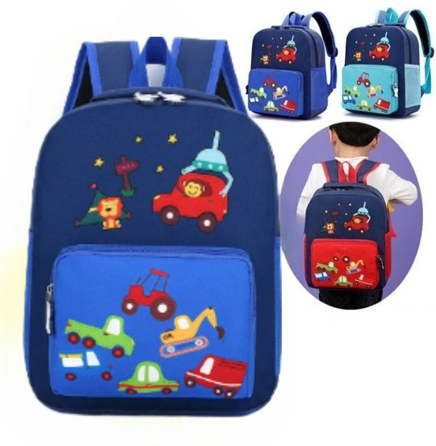 Kinder-Schulrucksack für Jungen und Mädchen mit Auto- und Tierdesign in Blau - Bild 1