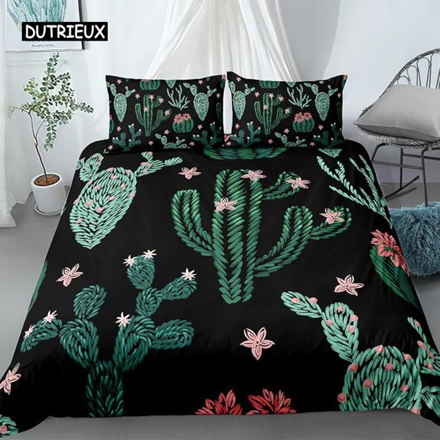 Jinmeige Kaktus Bettwäsche Set mit Feigenkaktus und Sukkulenten Motiv, Farbe Schwarz, B/H: 135 x 200 cm - Bild 1