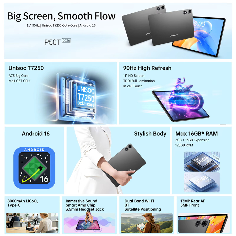 Teclast P50T Tablet mit 10,92 Zoll IPS-Display, Android 16, 16GB RAM, 128GB ROM, 8000mAh Akku, Wi-Fi und USB-C - Bild 2