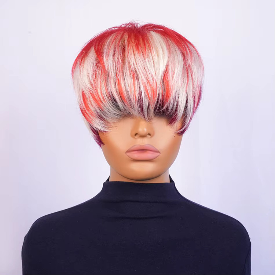OYM HAIR Pixie-Echthaar-Perücke, rot-blond-burgunderfarben, Damen - Bild 2