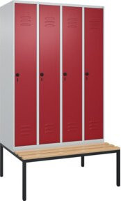 C+P Spind Classic PLUS Garderobenschrank mit Sitzbank, 4 Abteile, B/T/H: 212,0 x 120,0 x 81,5 cm, Sicherheits-Drehriegel, 4 Garderobenhaken und mittiger Trennwand, Farbe: Lichtgrau/Rubinrot/Schwarzgrau/Rot - Bild 1
