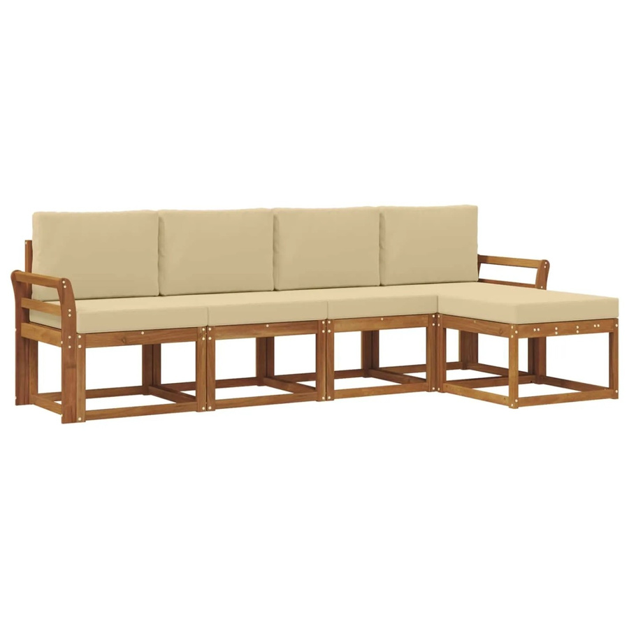 vidaXL Outdoor-Sofagarnitur aus Massivholz Akazie in Natur und Beige, 5-teiliges L-Shape Set mit Hocker und wetterfesten Kissen - Bild 2