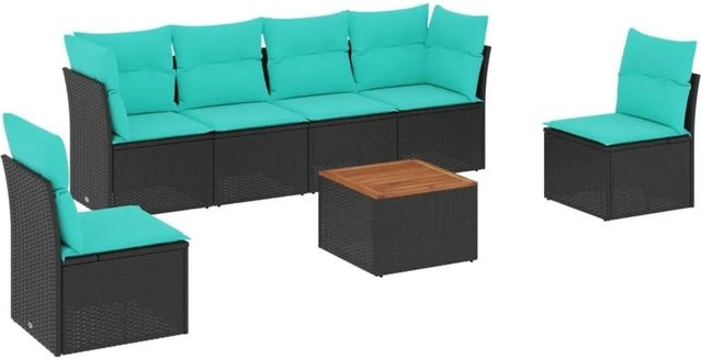 vidaXL 7-teilige Garten-Sofagarnitur aus Poly-Rattan mit Kissen in Schwarz, Blau und Türkis - Bild 1
