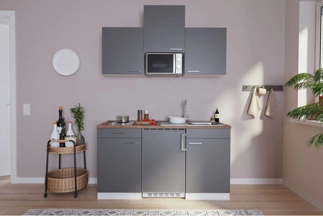 Respekta Küchenzeile KB150WGMIC in Grau-Weiß, freistehend mit Türen und Schubladen, B/T/H: 150 x 60 x 199 cm - Bild 1
