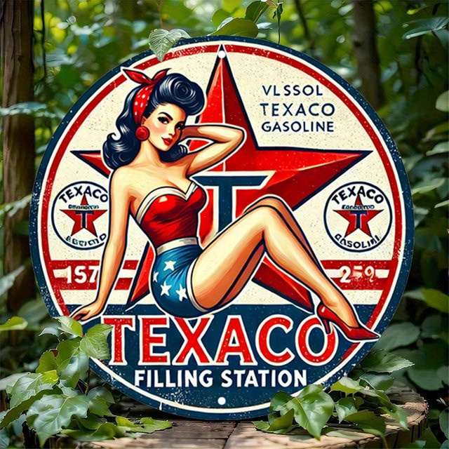 Potdemiel Vintage Texaco Rundes Aluminiumschild – Retro Pin-Up Metallblech-Wandkunst in Mehrfarbig, Durchmesser: 20 cm - Bild 1