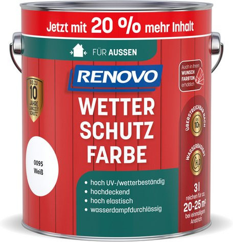 RENOVO Wetterschutzfarbe für Holz, wasserbasiert, Weiß, Satin-Glanz, 25,0 l - Bild 1