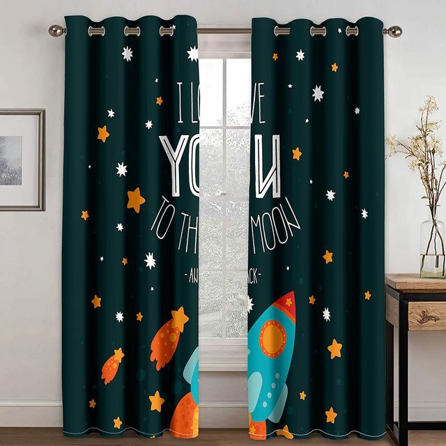 A Family Of Home Textiles 2er-Set dünne Fenstervorhänge mit 3D-Cartoon-Weltraum-Motiv, Planeten und Raumschiffen, Blau, Breite: 135 cm, Höhe: 165 cm - Bild 1