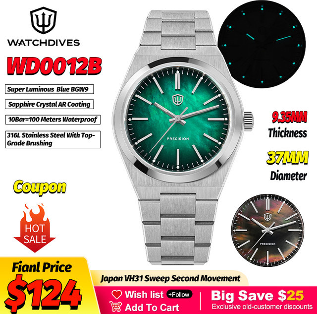 Watchdives Armbanduhr, Quarz, Edelstahl, Perlen-Mopswatch-Zifferblatt, 37 mm, Unisex - Bild 1