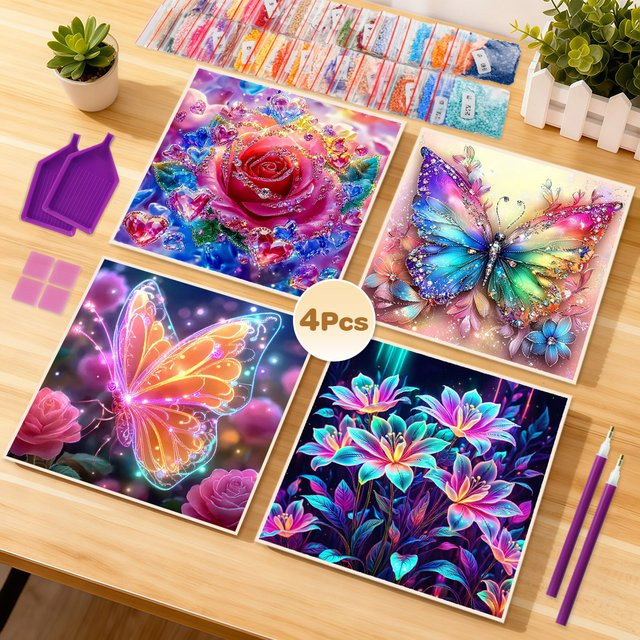 EverShine 4er Set DIY Diamantmalerei Schmetterling und Rosen mit 5D Vollrunde Bohrern als moderne Wanddekoration in Multicolour - Bild 1