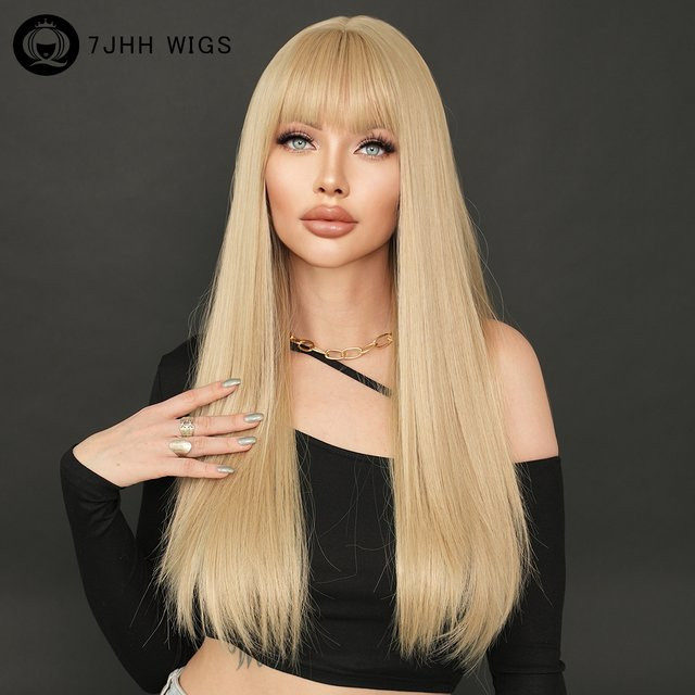 7JHH WIGS Perücke, synthetisch, lang, gerade, blond, mit Pony, Damen - Bild 1
