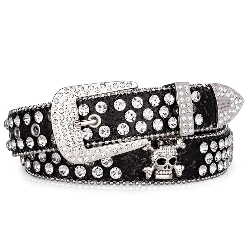 Maikun Bb Gürtel, Schwarzer Strass, Western-Kopf-Schädel-Schnalle, Herren - Bild 4