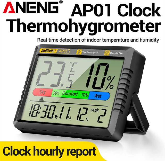 ANENG AP01 Digitales Thermohygrometer in Schwarz mit Schlummerfunktion, Alarmmodus und Hochpräzisions-Luftthermometer sowie Feuchtigkeitsmesser - Bild 1