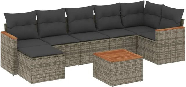 vidaXL 8-teilige Garten-Sofagarnitur in L-Form aus grauem Poly-Rattan mit Kissen und Akazienholz - Bild 1