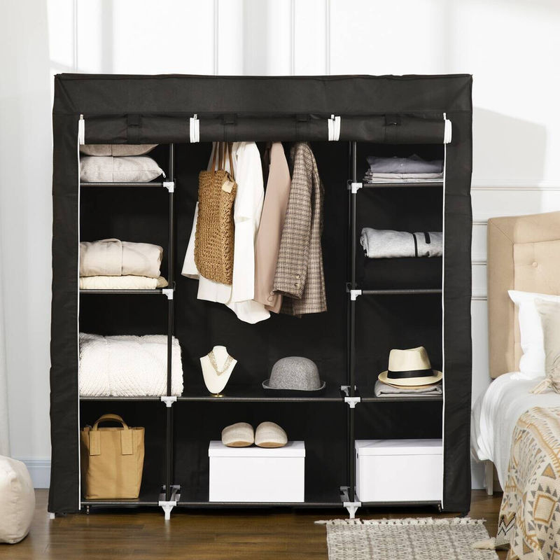 HOMCOM Stoffschrank Schwarz mit 1 Kleiderstange und 10 Einlegeböden aus Vliesstoff und Stahl, B/H/T: 150 x 162,5 x 43 cm - Bild 3