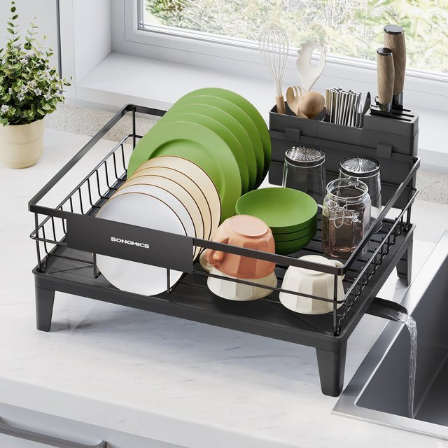 Songmics Abtropfgestell für Geschirr in Schwarz mit ausziehbarem Ablauf, Abtropfschale und Besteckhalter, B/T/H: 31 x 42 x 18,5 cm - Bild 1