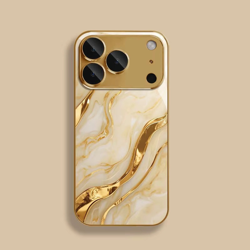 Handyhülle aus gehärtetem Glas mit goldenem Marmor-Wellenmuster für Apple iPhone 11 bis iPhone 18 Pro Max Plus und 17Air - Bild 2