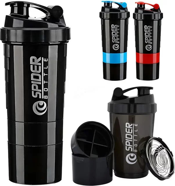 FEB.WIND 3-lagiger Shaker Proteinflasche für Pulver und Wasser in Schwarz und Transparent mit großem Fassungsvermögen - Bild 1